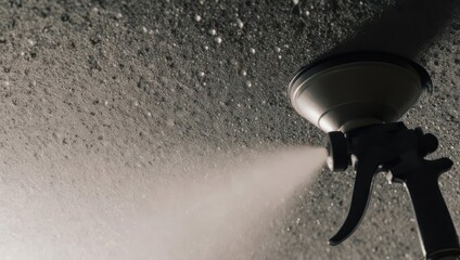 Close-up of a spray gun applying a fine mist onto a textured surface.