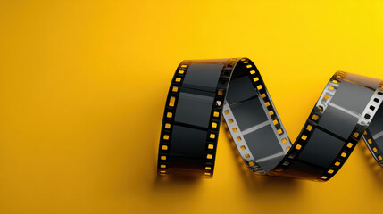 Vintage film strip curling on bright yellow background conveying nostalgic cinematic mood and glossy texture in studio lighting