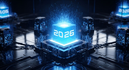 Futuristic 2026 digital technology concept with glowing data cube and circuit board innovation