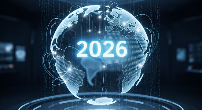 Global network 2026 - digital earth technology and future connectivity concept