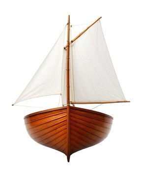 Traditional dinghy featuring polished wood planks and a gaff rig sail.