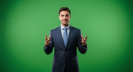 Man in suit making presentation gesture on green screen with both hands up. Businessman explaining business idea. Speaker or host.