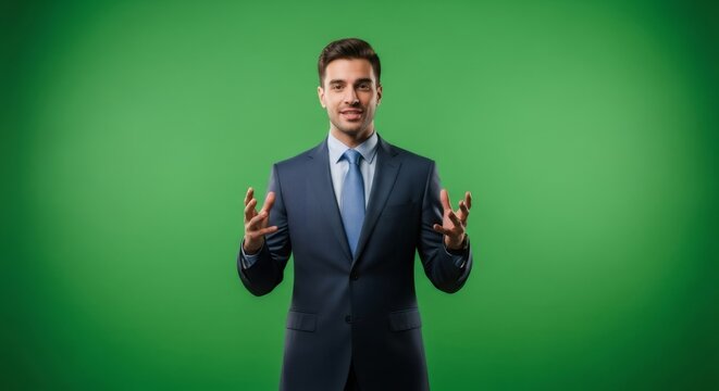 Man in suit making presentation gesture on green screen with both hands up. Businessman explaining business idea. Speaker or host.