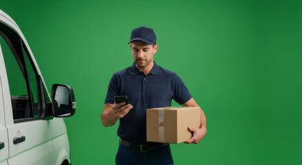 Caucasian man courier with package using phone. Delivery service and shipping business. Chroma key isolated on green screen background.