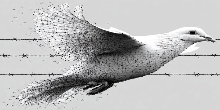 a stylized bird perched on a wire fence