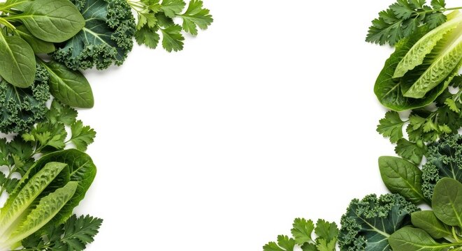 Fresh green leafy vegetables border on white background