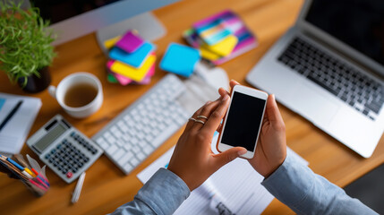 Top-down shot of faceless figure’s hands organizing desk items, coworking backdrop defocused for clean aesthetic, with copy space