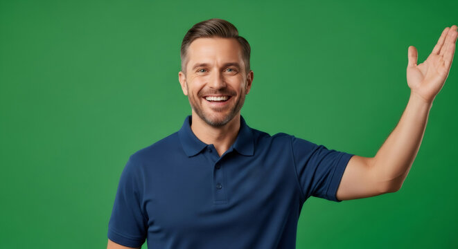 Man smiling, greeting or presenting with hand raised on green screen background. Isolated effect for chromakey video. - Powered by Adobe