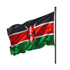 The national flag of Kenya waving in the wind against a black background.