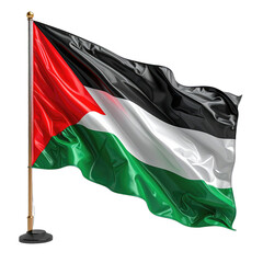 The Palestinian flag waves majestically on a flagpole against a stark black background, symbolizing national identity.