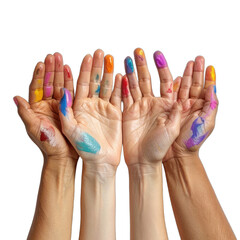 Diverse hands covered in vibrant paint against a black background