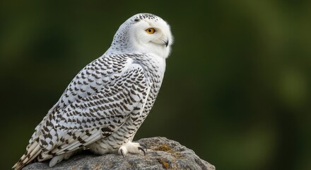 Fototapeta premium Majestic snowy owl perched on a rock with dark green background