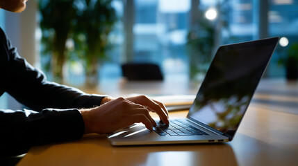 Faceless silhouette of a person typing on a laptop in a bright coworking space, background softly defocused, minimalist interior, with copy space