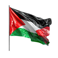 The Palestinian flag waves majestically against a stark black background.