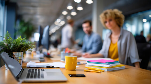 Abstract defocused coworkers collaborating in an open office zone, foreground focused on desk details and stationery, with copy space