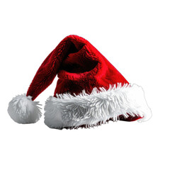 A festive Santa hat with a fluffy white trim and pom-pom sits against a dark background.