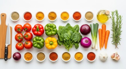 Colorful assortment of fresh vegetables and spices for cooking