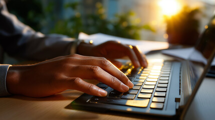 Faceless person working at a shared desk, hands on keyboard, warm sunlight across workspace, background blurred for anonymity, with copy space