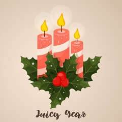 Festive Candles with Holly and &lsquo;Juicy Year&rsquo; Text &ndash; Pink and White Striped Holiday Illustration on Light Background