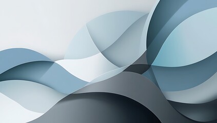Abstract background with flowing wavy shapes in shades of blue, grey, and white, creating a modern and dynamic visual effect.