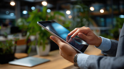 Close-up of hands holding a tablet in a modern coworking room, background defocused to maintain anonymity, with copy space