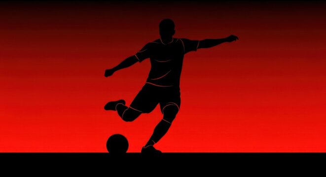 Silhouette of a soccer player kicking a ball against a red gradient background