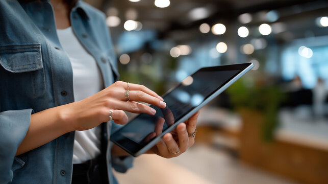 Close-up of hands holding a tablet in a modern coworking room, background defocused to maintain anonymity, with copy space