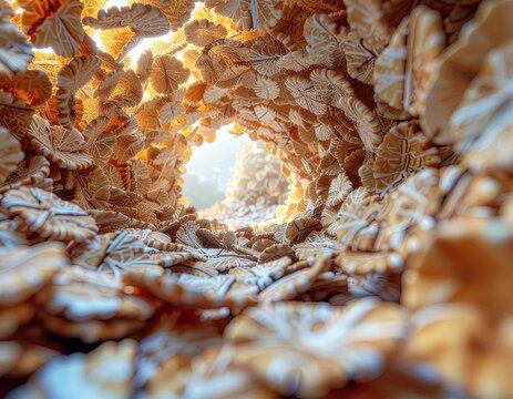 Intricate golden tunnel abstract background with bright light at the end and fractal patterns - Powered by Adobe