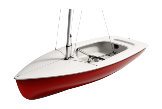 Lightweight fiberglass racing dinghy, designed for compact performance.