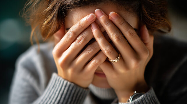 Defocused close-up of hands covering a face, expressing emotional overwhelm or reflection, with copy space