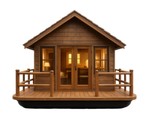 Cozy houseboat featuring a sloped roof and wooden deck.