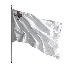 The white flag of Malta flutters on a flagpole against a black background.