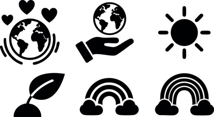 Obraz premium Environmental icons including globe with hearts hand holding earth sun leaf and rainbows