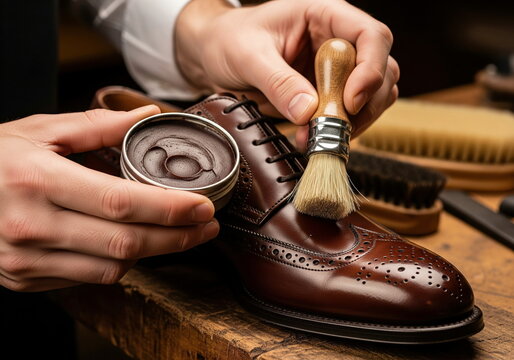 Close-up of hands applying shoe polish with a brush to a classic brown leather brogue shoe, emphasizing quality craftsmanship and care.