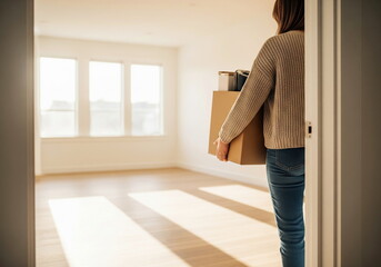 Woman carrying moving boxes steps into a bright, empty new home. Relocation and a fresh start.