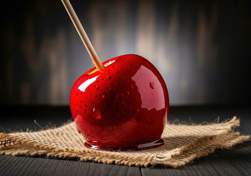 Vibrant, glossy red candy apple on a stick, resting on burlap against a dark background. A classic sweet treat for fairs and holidays.