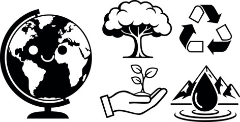 Environmental icons with globe tree recycling and water drop symbols