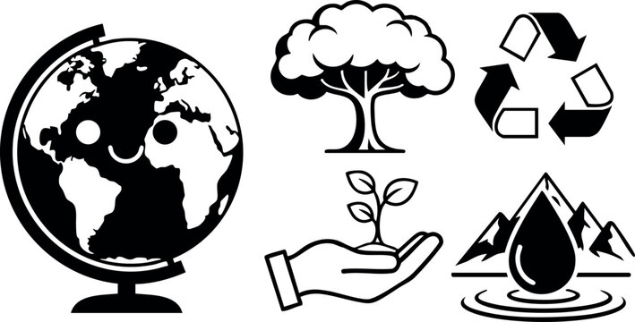 Environmental icons with globe tree recycling and water drop symbols
