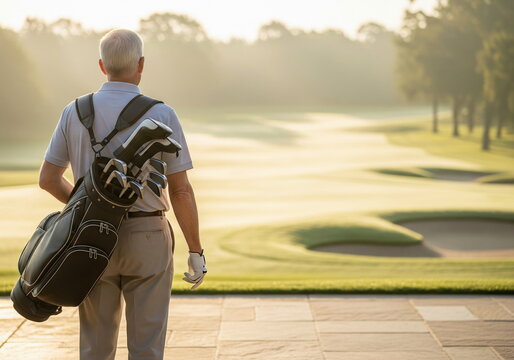 Mature man with golf bag views a beautiful golf course at sunrise, ready for a game. An active senior enjoying leisure and sport.