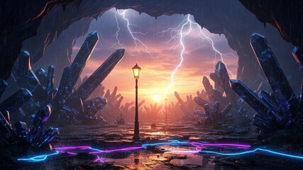 A breathtaking, immersive, full-bleed ANIME illustration, rendered in a striking 16:9 horizontal landscape format. The scene plunges the viewer deep into a colossal crystal cavern, where vast geologic