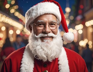 A cheerful Santa Claus smiles warmly in a festive outdoor setting.