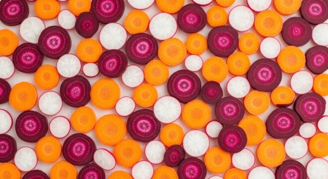 Vibrant sliced root vegetables arranged in a colorful pattern