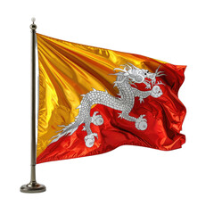 The national flag of Bhutan, featuring a dragon, waves proudly on a flagpole against a stark black background.