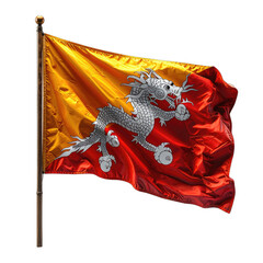 The national flag of Bhutan, featuring a Druk (Thunder Dragon), waves against a black background.