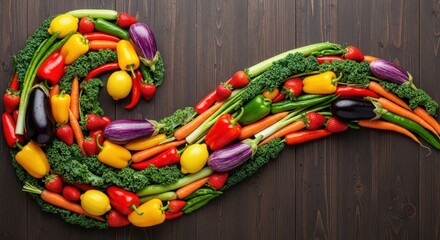 Vibrant spiral of fresh vegetables on a wooden background