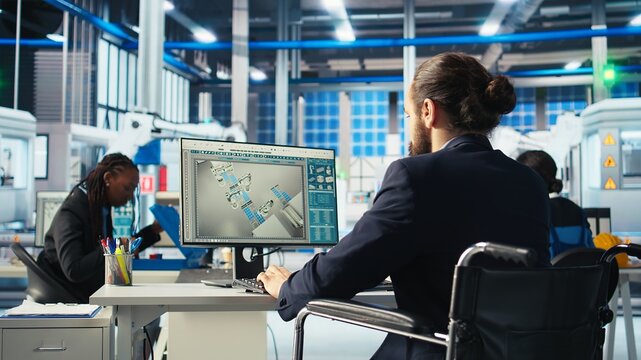 Photovoltaics factory worker with paraplegia in wheelchair using PC to monitor performance of solar panels manufacturing. Person with disability inspecting solar plant machinery on computer, camera A