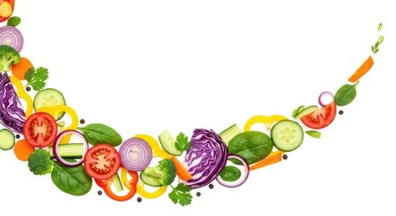 Vibrant curved arrangement of freshly sliced vegetables on white background