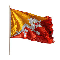 The flag of Bhutan, featuring a dragon, waves against a black background.