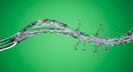 Clear water splash with drops isolated on green background. Effect for chromakey and advertising. Fluid motion for freshness.