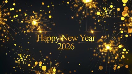 Happy New Year 2026 greeting with sparkling golden fireworks on a dark background, celebrating the upcoming year.
